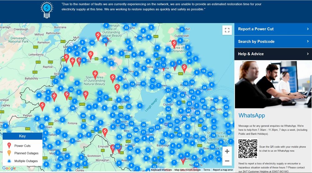 Screen shot of details of power outages in Northern Ireland.