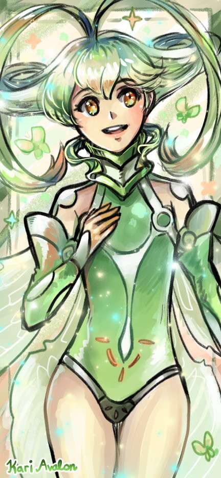 A fairy-like young woman appears glad to see the viewer. Her hair is coiled upwards on both ends and has an enormous split ahoge at the center. She is wearing an outfit that resembles a sci-fi fairy of a sort complete with a flowing cape that has a passing resemblance to dragonfly wings.