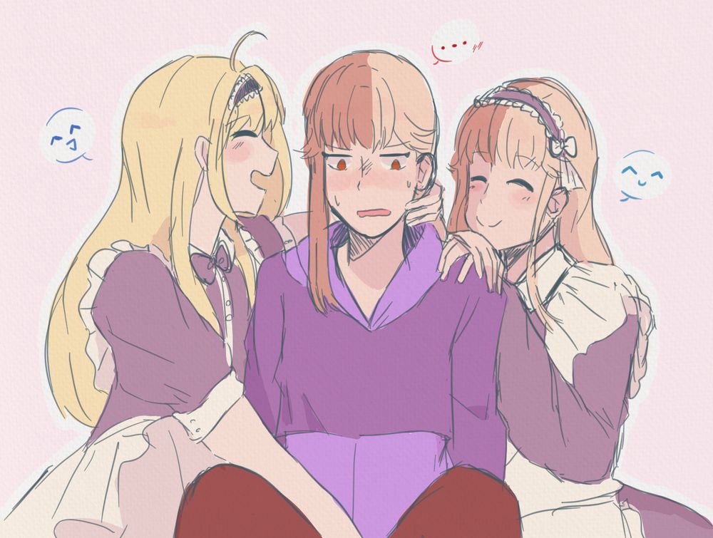 A doodle of three characters in a light color palette. In the middle sits Rune(he/him), who is embarrassed to be the center of attention. To his right is Tsubasa (he/him) who smiles at him and has one hand in Rune's lap and the other on Rune's cheek. To the left is Faveau (she/her), who smiles and crosses her hands on Rune's shoulder.