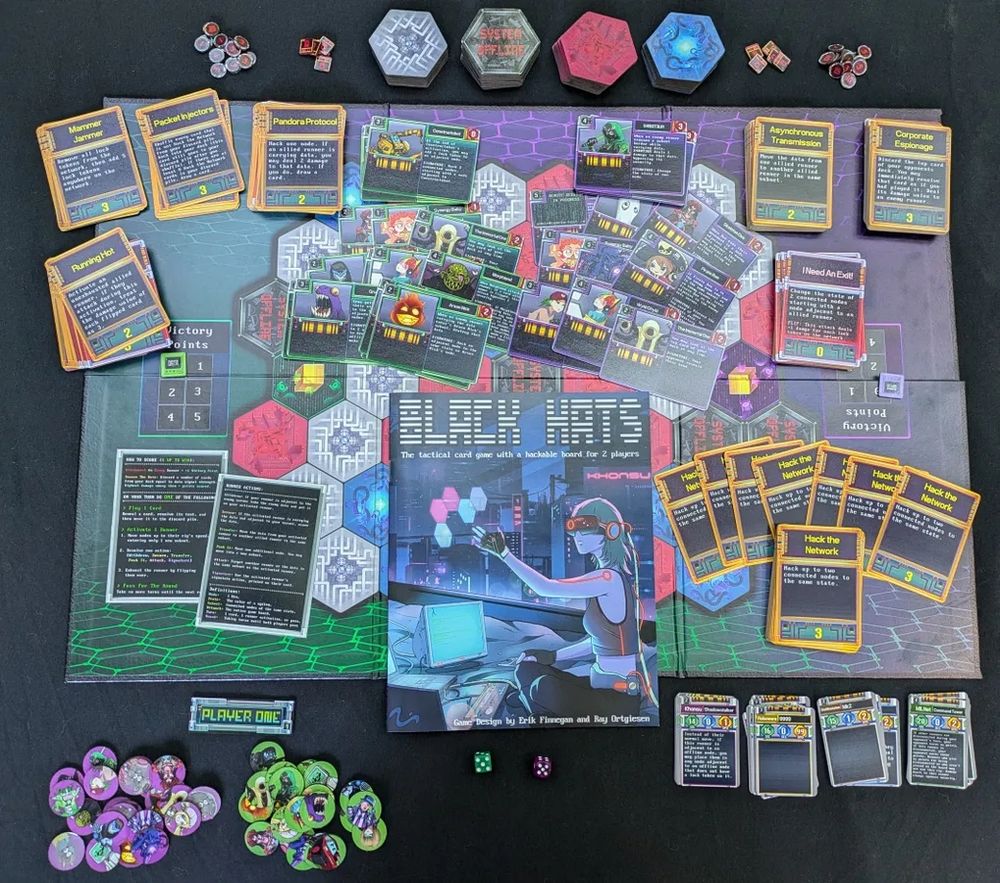 A top down image showing all the components of the tactical card game Black Hats.