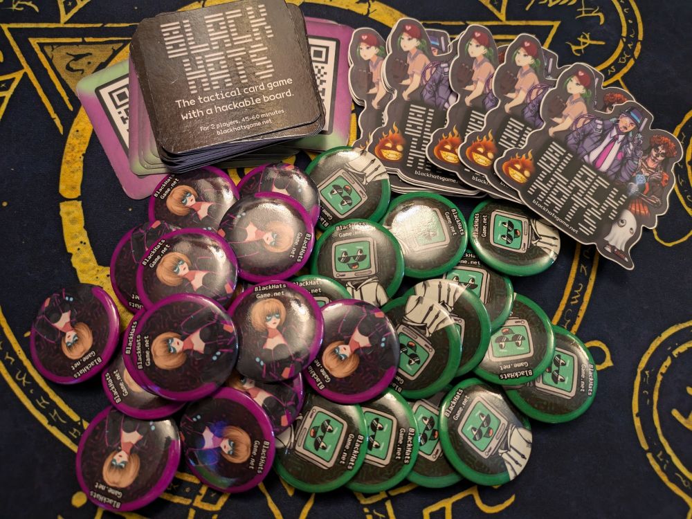 Cards, stickers, and promo pins for Black Hats