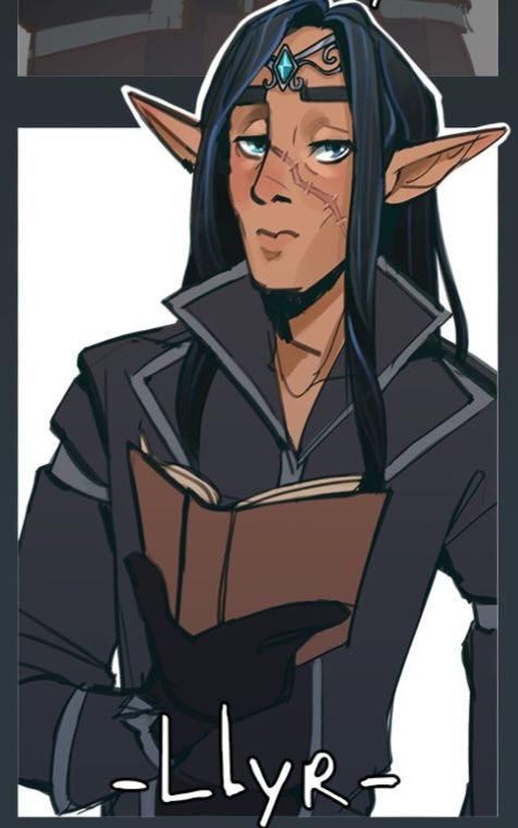 My half-elf sorcerer looking unamused while holding a simple spellbook. He has long black hair with subtle dark blue highlights. His left eye is a more dull blue while the other is a more electric blue and faintly glowing. A huge scar passes through his face. He wears black and grey robes with some blue accents and a medium-sized collar. Art by myuk0 