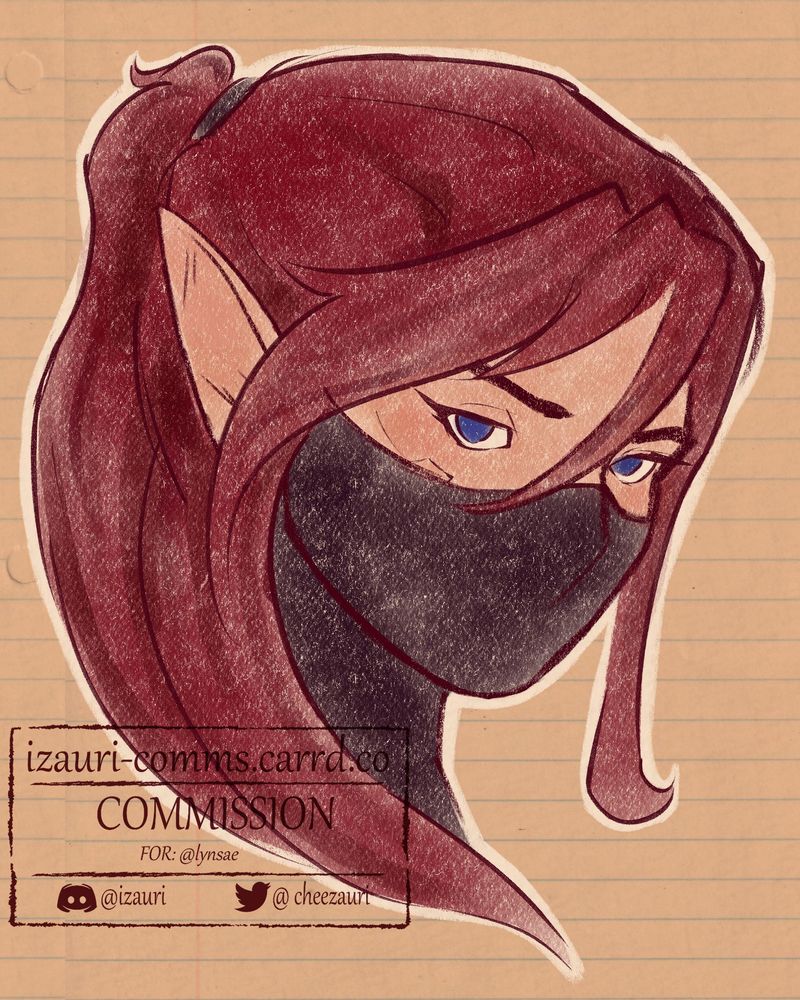 A headshot of my half-elf girl. She has a scarlet ponytail, ocean blue eyes, brands on her cheeks and a black mask. Art by Izauri