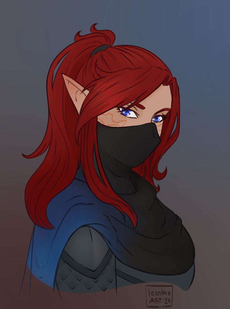 My brawler oc; a redheaded half-elf with a black mask and dark colored armor. Art by Lesatho