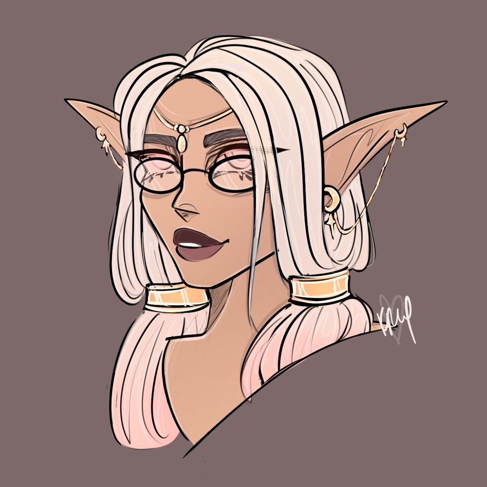 A portrait of my elf seamstress. She has fair skin, glowing pink eyes, gold jewelry and thin, vintage oval glasses. Her pale blonde hair (with pink tips) is tied into two loose ponytails that are brought to the front. Art by kittenrex 