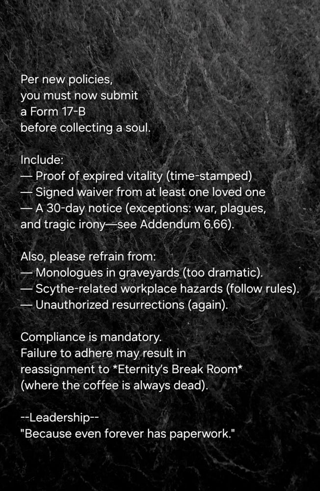Per new policies,  
you must now submit  
a Form 17-B
before collecting a soul.  

Include:  
— Proof of expired vitality (time-stamped)  
— Signed waiver from at least one loved one  
— A 30-day notice (exceptions: war, plagues,  
and tragic irony—see Addendum 6.66).  

Also, please refrain from:  
— Monologues in graveyards (too dramatic).  
— Scythe-related workplace hazards (follow rules).
— Unauthorized resurrections (again).  

Compliance is mandatory.  
Failure to adhere may result in  
reassignment to *Eternity’s Break Room*  
(where the coffee is always dead).  

--Leadership--
"Because even forever has paperwork."