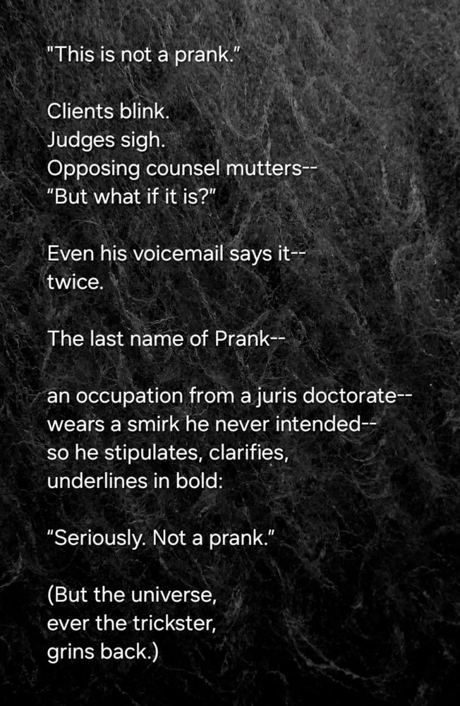 "This is not a prank.”

Clients blink.  
Judges sigh.  
Opposing counsel mutters--
“But what if it is?”

Even his voicemail says it--
twice.  

The last name of Prank--

an occupation from a juris doctorate--
wears a smirk he never intended--
so he stipulates, clarifies,  
underlines in bold:  

“Seriously. Not a prank.”

(But the universe,  
ever the trickster,  
grins back.)