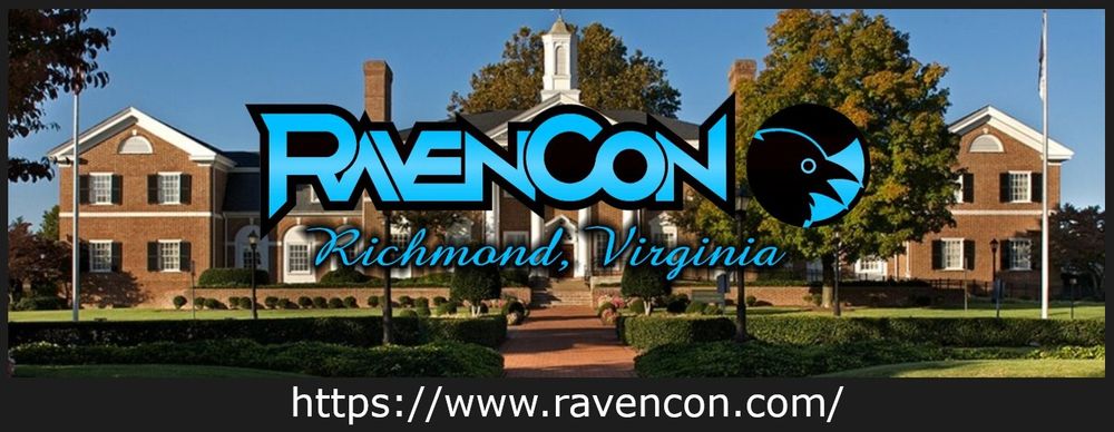 Image of the RavenCon Hotel with the words Ravencon, Richmond, Virginia, the RavenCon logo, and the web address superimposed over the hotel.