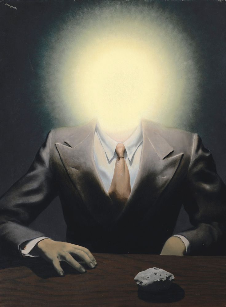 Le Principe du plaisir (1937) by René Magritte: it's a portrait of Edward James, his London landlord/host/patron, with his head totally obscured by a bright light.