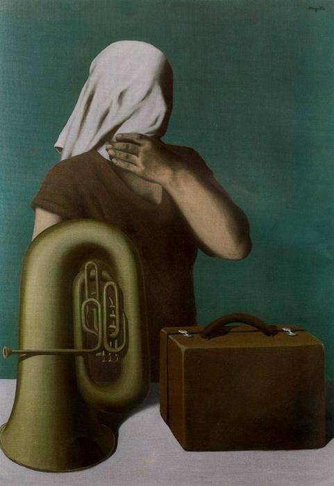 L'histoire centrale by René Magritte (1928); a woman, her face covered in a cloth and clutching her throat, stands behind a tuba and a suitcase.