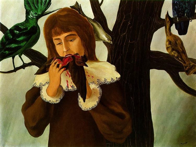 Le plaisir by René Magritte: a young girl, wearing a white lace collar and cuffs, bites heartily into a bird, getting blood on her hands and all over her collar. There are other, unbitten birds on a tree behind her.