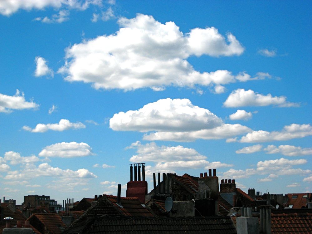 When I lived in a top floor flat Saint Gilles, Brussels, I took a lot of photographs of the skyline from a west-facing window: this one is of fluffy white clouds in a bright blue sky, over rooftops and chimneys. It's a very Magritte sky.