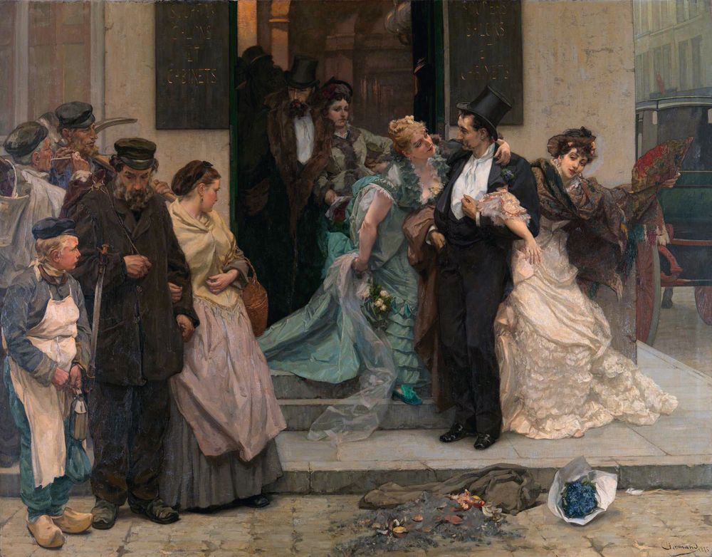 Bourgeois swells in top hats, fur-trimmed coats and dinner suits - I'm guessing the 19th century equivalent of members of the Bullingdon Club - emerge, looking the worse for wear, from an open doorway. Hanging from their arms are ladies festooned in richly decorated frills and furbelows. There is rubbish and a discarded bouquet of flowers in the gutter. A bunch of plainly-clad proles on their way to work have stopped to make way for the toffs. Or maybe they're just looking at them in disgust.