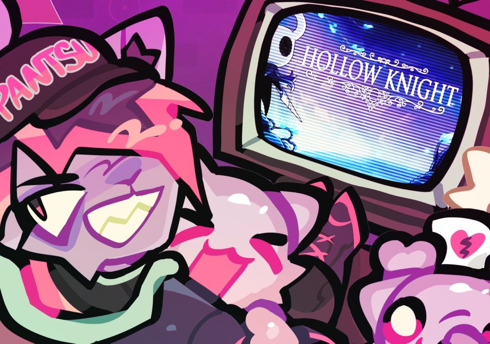 PantsuTank sitting on a couch with his Socks (mascots) looking at a TV showing Hollow Knight
