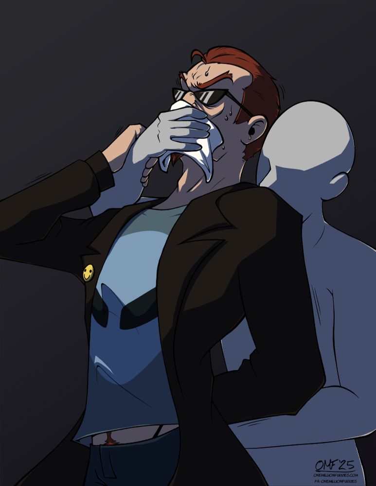 Cel-shaded illustration of the Postal Dude from Postal 2 struggling against someone holding a chloroform-soaked cloth up to his nose and mouth.