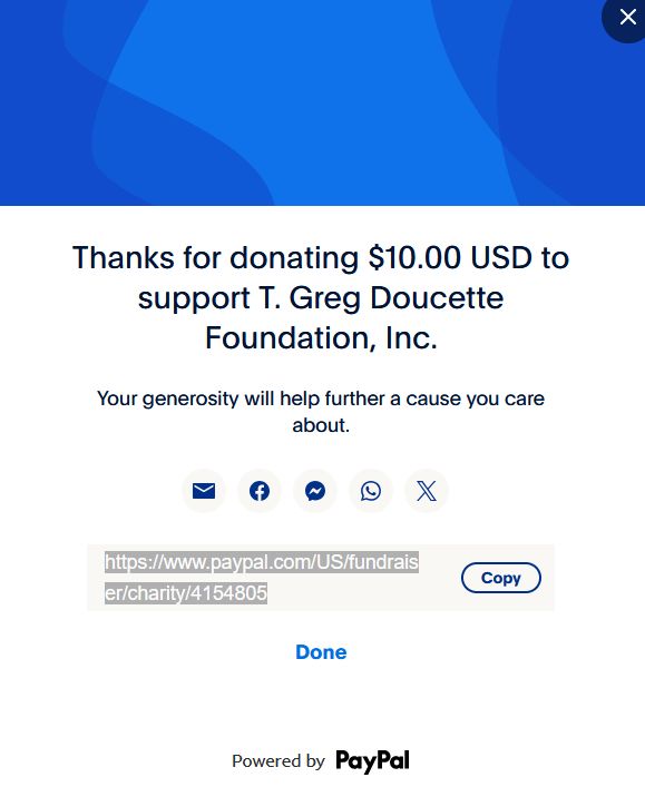 PayPal receipt of a $10 usd donation to T.Greg Doucette Foundation