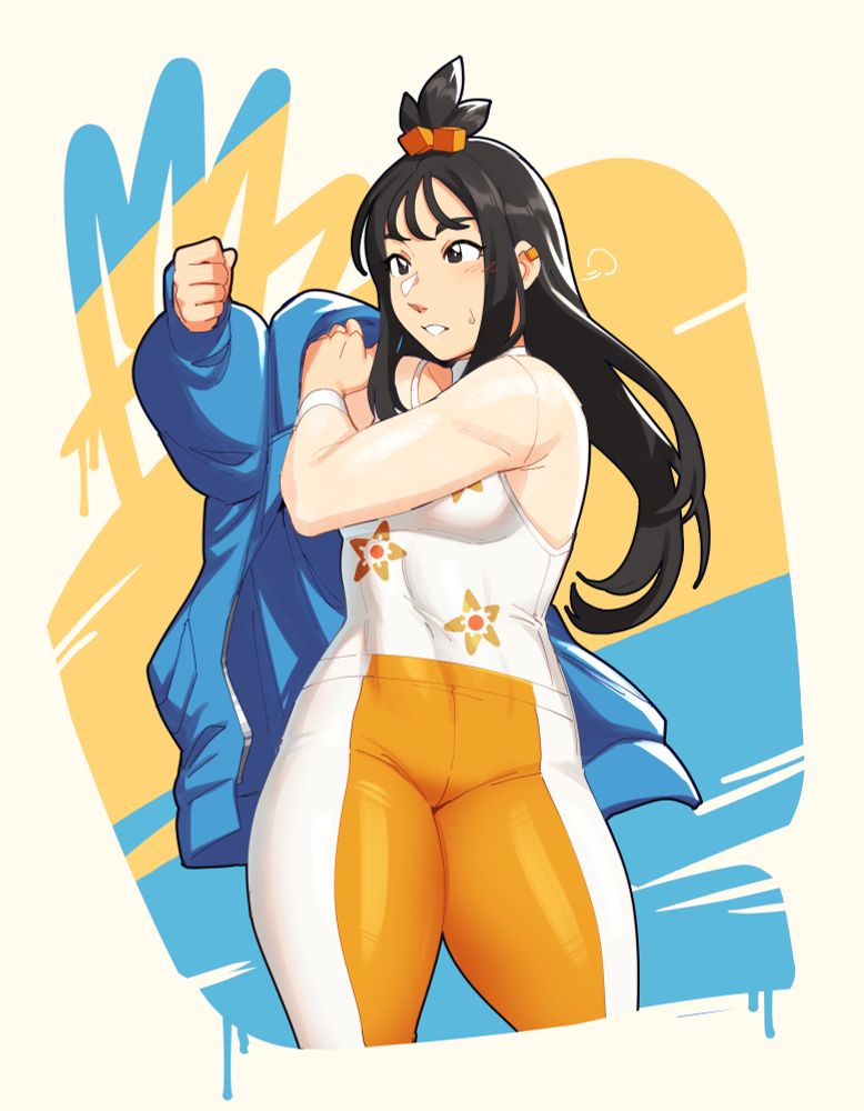 thighs-up drawing of lida from pokemon legends za stretching after a workout while either putting on or taking off her hoodie (you decide)