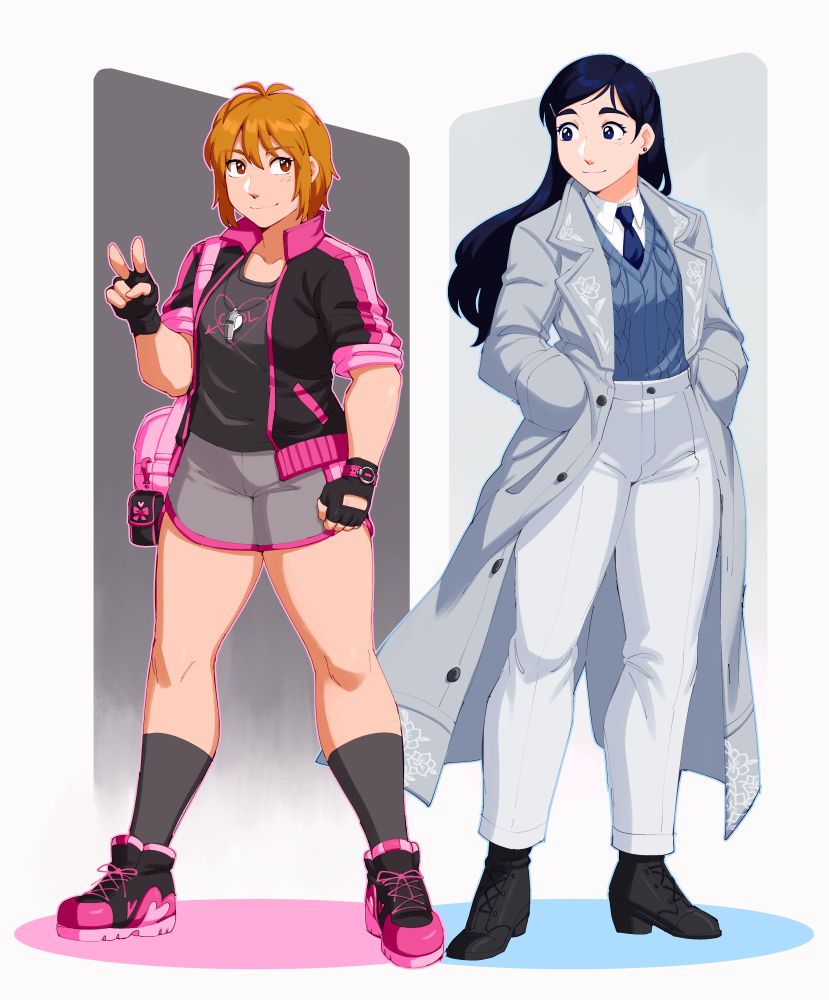 full-body drawing of nagisa and honoka from pretty cure as adults. nagisa is wearing a black track jacket with pink accents, light grey jogging shorts, a dark grey shirt with a 'cool' heart on it, dark grey socks and black runners with pink hearts on them. she also has a bright pink gym bag, a whistle around her neck and black fingerless biker gloves for some reason. honoka is wearing a grey trench coat with floral embroidery on the lapels, white dress pants, a blue cable-knit sweater vest, white shirt with a navy blue tie and black dress shoes with heels. she's switched out her fun pink hairclips from her youth for boring silver ones.