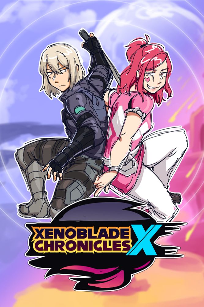irina and lex xenoblade drawn over the sonic adventure 2 cover, with irina as sonic and lex as shadow. the logo has been redrawn to say 'xenoblade chronicles x' 