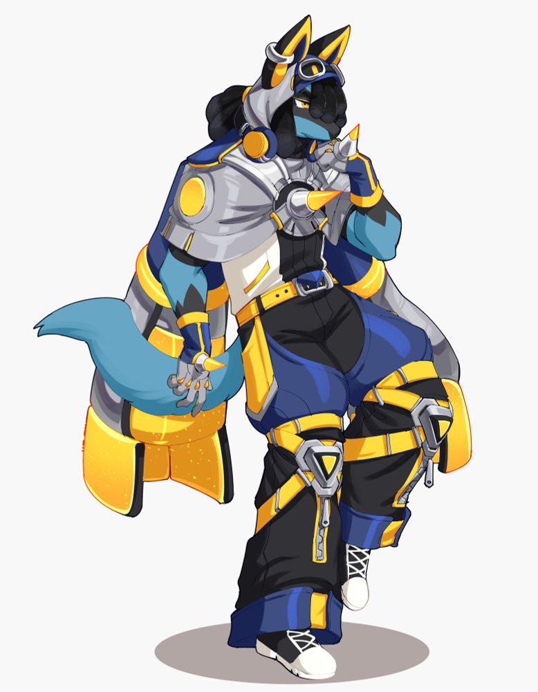 full-body drawing of a moody-looking, even more anthropomorphic lucario (blue anthro jackal-like pokemon). she's wearing a silver poncho and black and blue emo pants with bright yellow accents throughout, and her entire outfit is styled to resemble the pokemon 'iron hands'. 