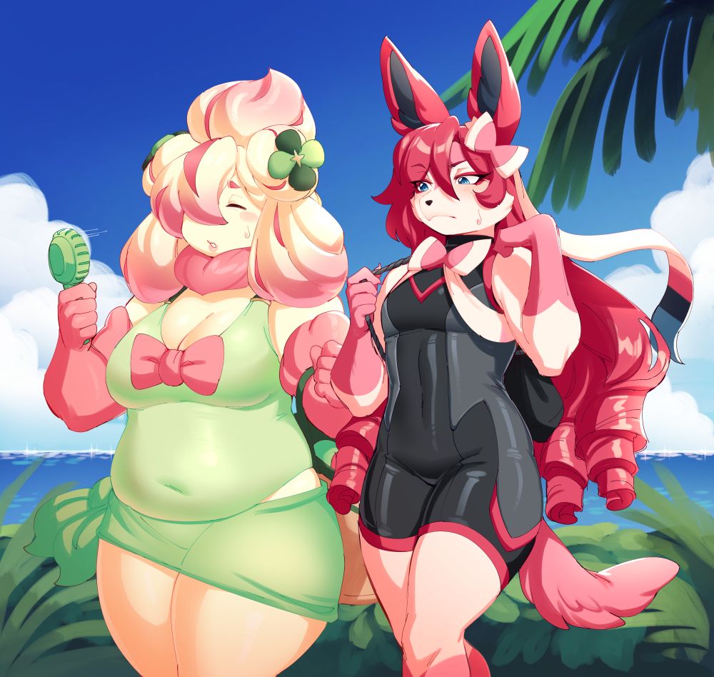 knees-up sketch of anthropomorphic alcremie and sylveon women walking side by side next to the ocean. the alcremie is wearing a green one piece swimsuit, the sylveon is wearing a black wetsuit