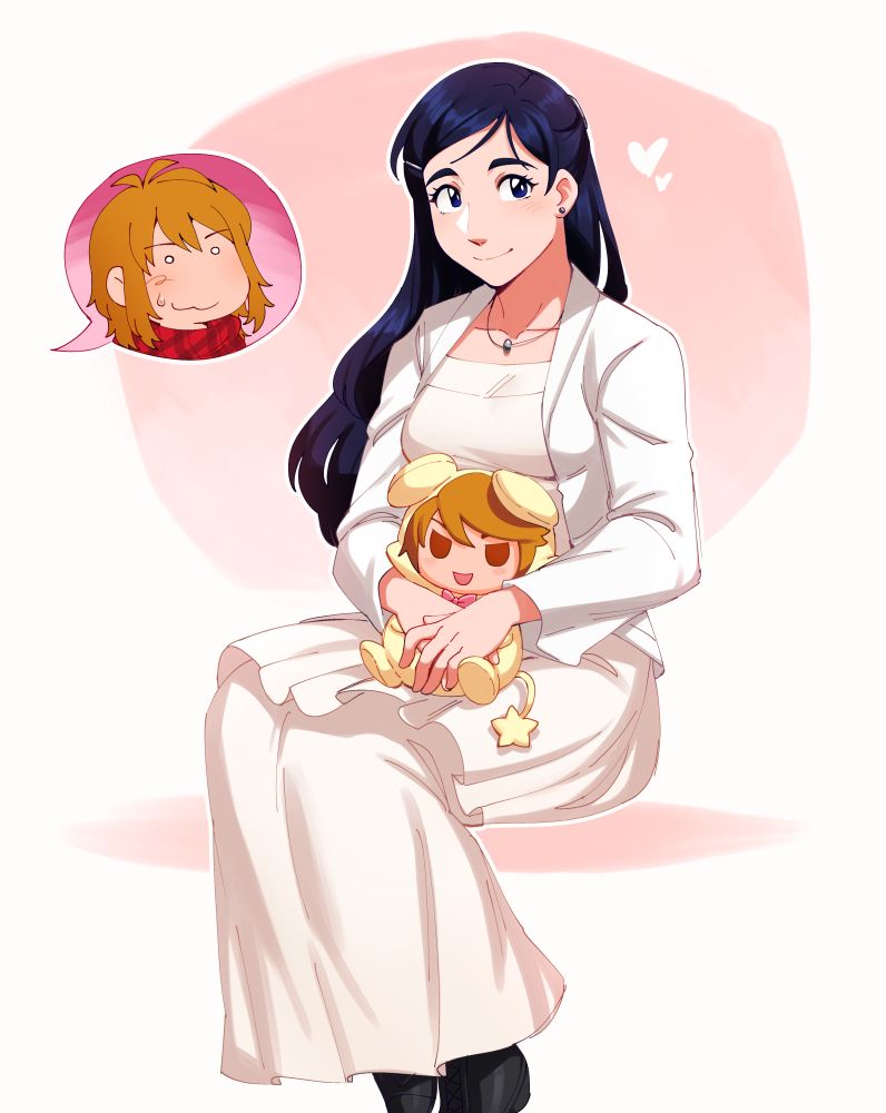full-body drawing of honoka from pretty cure as an adult. she's wearing a white dress and sitting politely while holding a stuffed animal of nagisa dressed as mepple. the real nagisa is shown in a speech bubble, smiling at her awkwardly off-screen