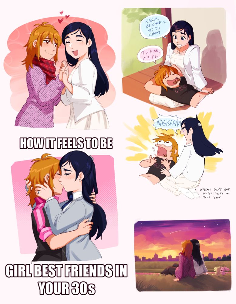 page full of sketches of the same characters. top left shows nagisa and honoka facing each other and holding hands, honoka smiling widely and nagisa looking at her adoringly. bottom left shows nagisa and honoka kissing deeply in an ostensibly friendship way, with text reading 'how it feels to be girl best friends in your 30s'. top right is a 2 panel comic, first panel showing nagisa lying on honoka's lap with a skewer of dumplings in her mouth. honoka says 'nagisa, be careful not to choke', nagisa says 'it's fine, it's fi-'. second panel shows nagisa choking on the dumplings while honoka screams her name. a disclaimer says 'please don't eat while lying on your back'. bottom right is a small painting of nagisa and honoka leaning against each other while watching the sunset at the riverbank. a shooting star is seen overhead, and mepple and mipple are dancing off to the side.