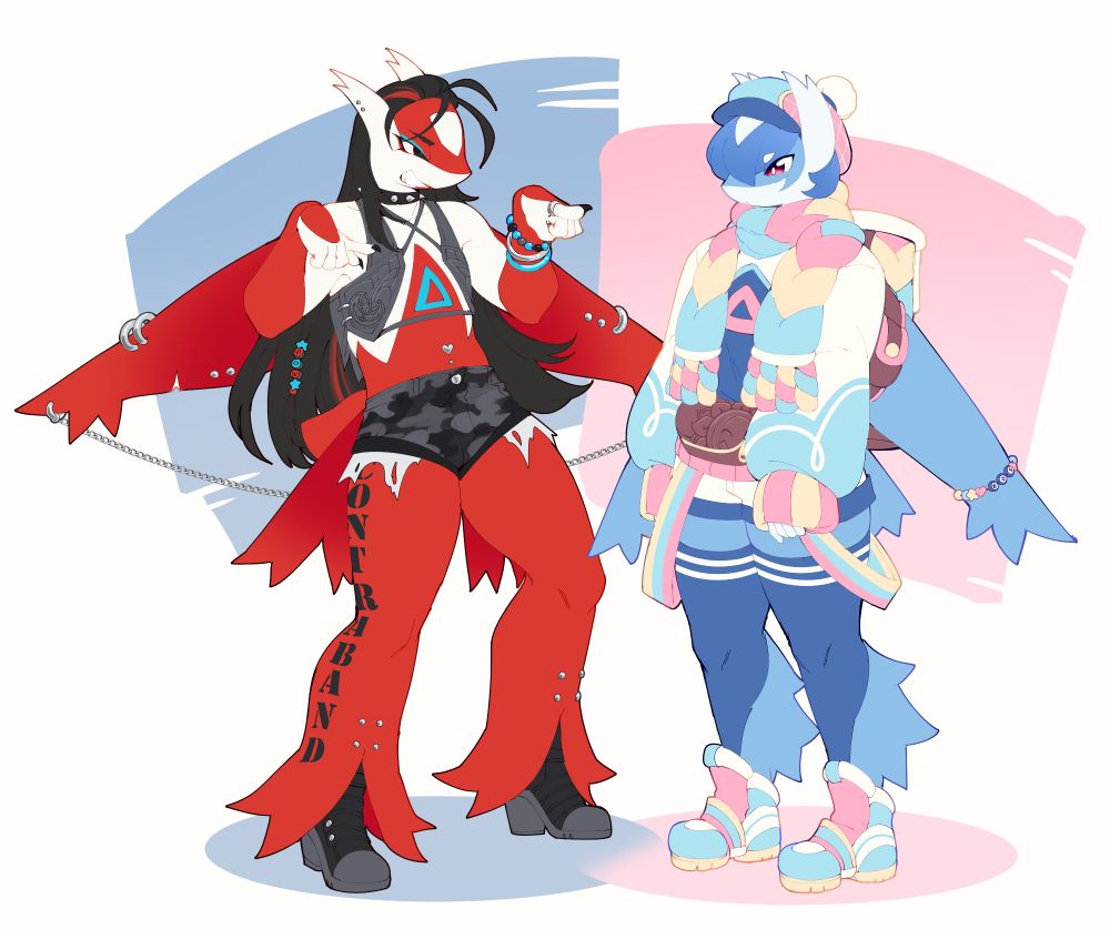 full-body sketches of anthropomorphic latias (red dragon-airplane pokemon) and latios (blue dragon-airplane pokemon) standing next to each other. 

the latias has long, slicked-back black hair and she's wearing black camo short shorts, a grey leather top that shows most of her chest and black punk boots. she has copious amounts of piercings and the word 'contraband' tattooed on her right leg. 

the latios has short, blue hair, and is wearing a fluffy pastel rainbow scarf, a pom-pom hat, a puffy sweater, white shorts and blue thigh-high socks. she has a brown leather fanny pack as well as a similarly coloured leather backpack. 

they're both wearing matching beaded accessories that read 'eos'