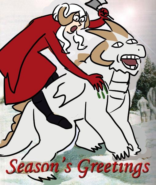 poorly drawn image of edelgard attacking rhea (in dragon form) traced over the 'seasons greetings' picture of the monkeys fighting