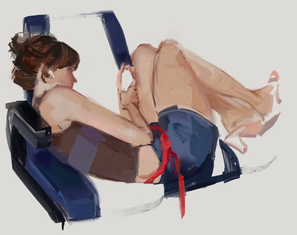 digital painting of a woman sprawled on a train seat, looking at her phone. she has dark hair pulled back and is wearing shorts, a tank top, and small heeled shoes