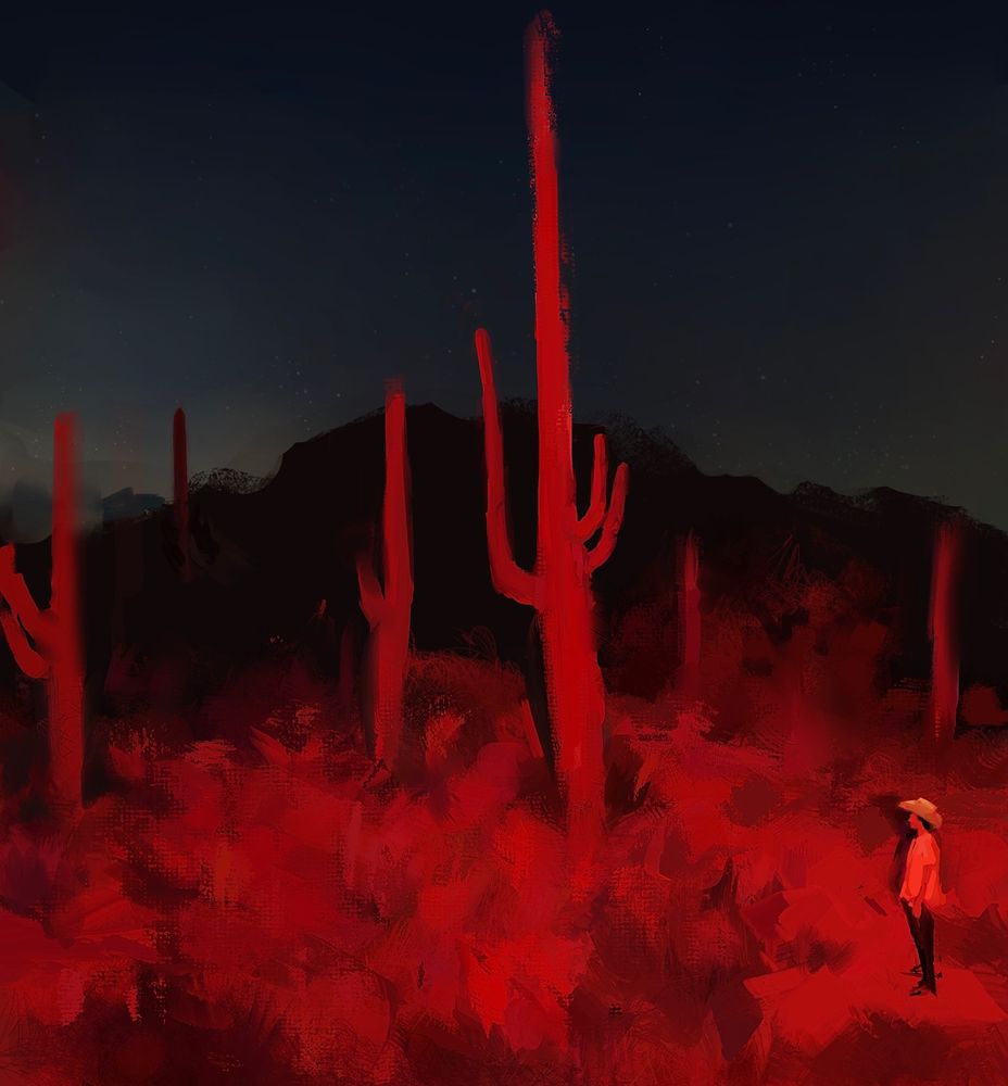 digital painting of a desert scene at night, all the hills and skyline in the distance dark black with hint of a sky coming through, and in front of it, shrubs and tall cacti illuminated with red light. in the corner a person with a cowboy hat stands looking at the enormous cacti which is nearly three times his height.