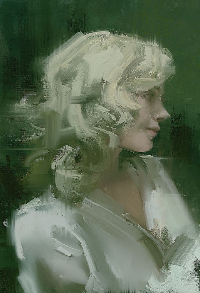 digital painting of a woman with coiffed blonde hair curling around her shoulders looking off to the distance in profile; done in loose gestural strokes against a green background. 