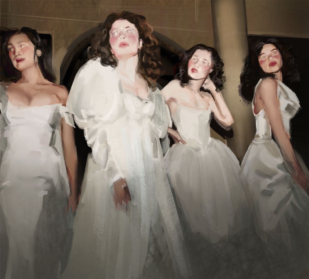 digital painting of four women with dark hair in various styled white dresses, looking off into the distance. it's dark at night and they're in front of a large building. 