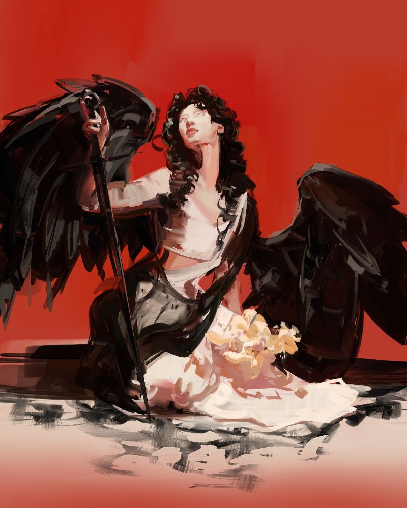 digital painting of an Asian woman with dark curly hair and enormous faux black wings who's holding a sword and sitting against a red backdrop in a white gown with flowers
