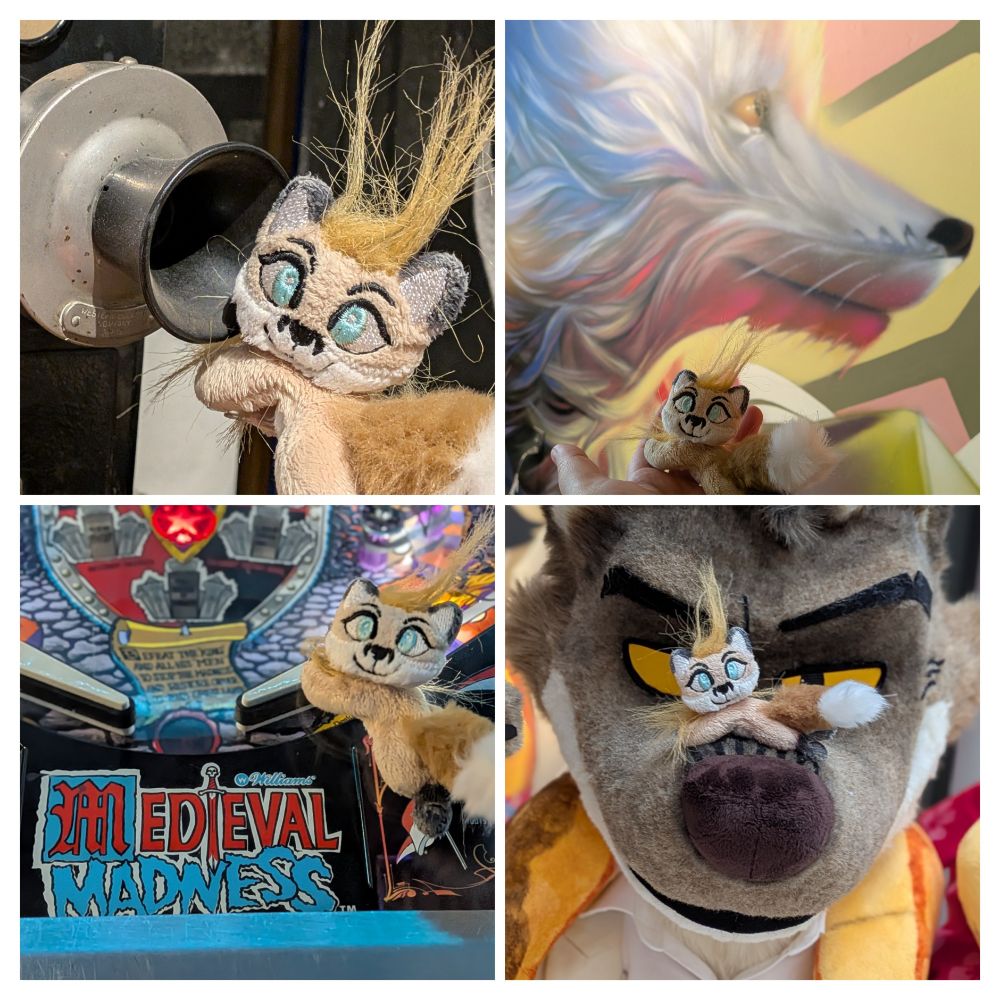 A four-photo collage of a mini fox plush: Held up to a vintage phone transmitter at the Connections Museum, in front of a fox mural at Vulpine Taproom, on top of a Medieval Madness pinball table, and sitting on the snout of Mr. Wolf from The Bad Guys.