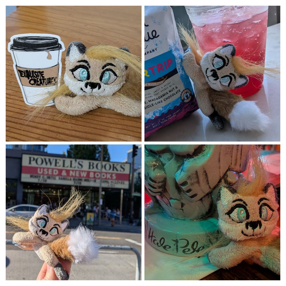 A four-photo collage of a mini fox plush: "holding" a sticker from Exquisite Creatures coffee, leaning on a bag of beans from Water Avenue coffee, in front of Powell's Books (she doesn't know how to read), and next to a tiki mug from Hale Pele.