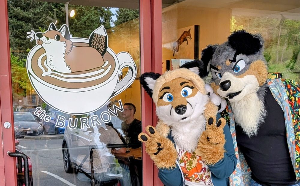 Latte the fox and Boulder the Aussie shep pose outside of The Burrow cafe in Seattle
