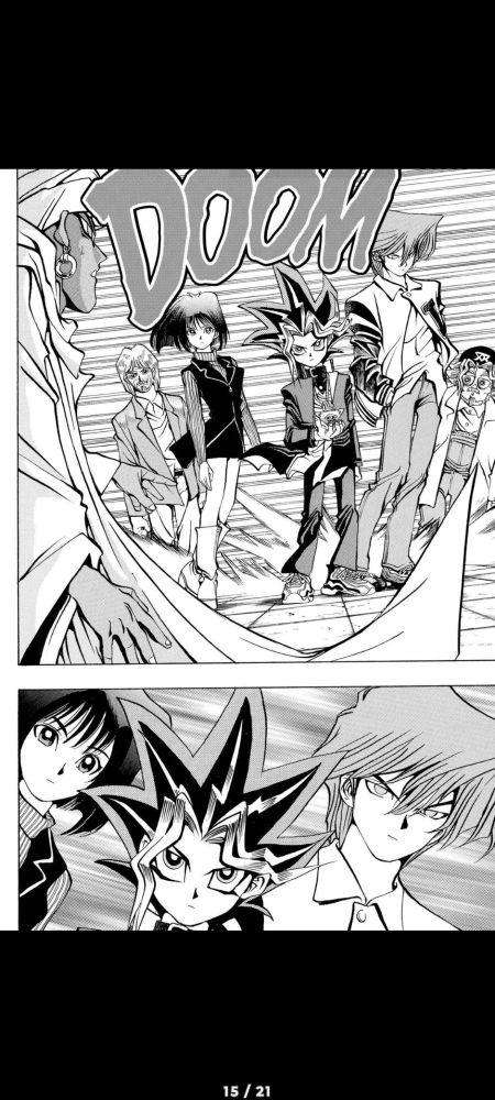 A panel from the Yu-Gi-Oh manga. Showing Yugi Anzu/Téa, Jonouchi/joey, grandpa and Egyptian professor (forgot his name) representing the power of friendship and unity as Shadi looks on in fear. A close up of Yugi, Anzu and Jonouchi follows below. 