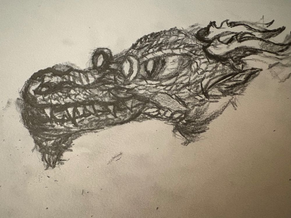A sketch of a kobold head, he has a crocodilian snout, and a protrusion of scales on the chin that resembles a small goatee. At the base is a pair of small lense glasses. He has two short curving horns that fade in color as they reach their ends. His ears are finned and give an aquatic feel. 