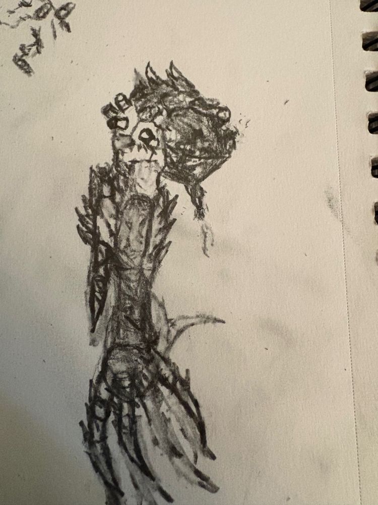 A biomechanicial horrifying bug arm. On the shoulder are both spikes and pneumatic tubes. On the side is an arm mounted drill like pile driver, the hand is made up of three long clawed fingers. 