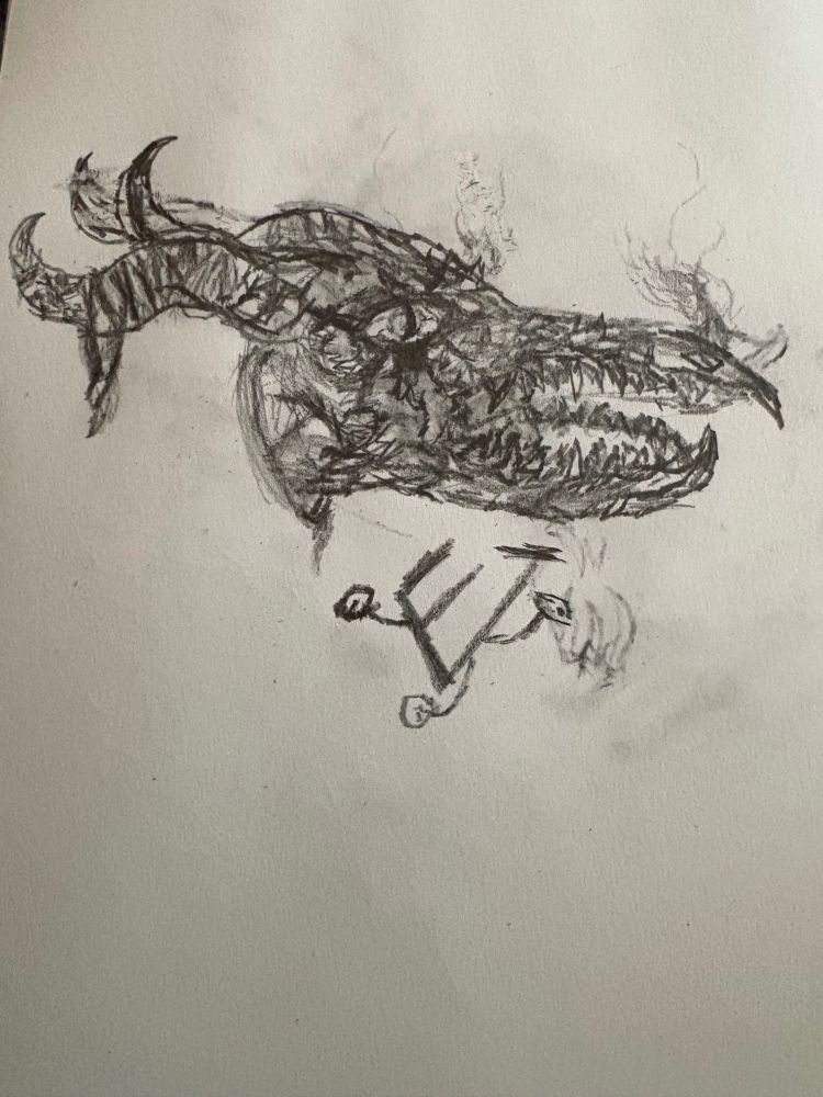 The profile of a dragon head, her horns curl upward like a rams but they are covered in burnt linen wraps. Her eye is surrounded by scratches and dried blood. She has a long beak like snout filled with crooked but razor sharp teeth. Curling smoke escapes from her nostrils 