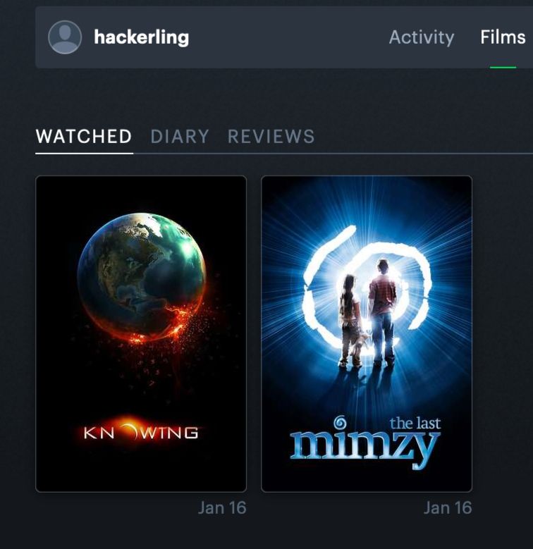 profile for letterboxd, under the watched movies tab is "KNOWING" and "THE LAST MIMZY"