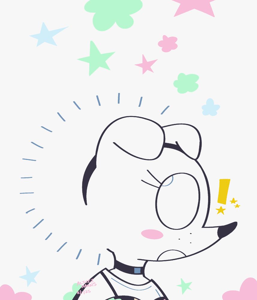 A dog named Kit looks up in shock as she sees various colored symbols aboe her. These same colored symbols can also be seen below her. Next to Kit is a yellow exclaimation point, with yellow stars also next to it. Kit is the same off-color white as the background.
