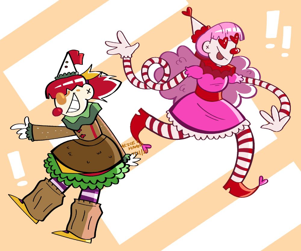 Left: A burger-themed clown named Mayo grins to the viewer, while making a finger gun gesture with her right hand.
Right: A pink and red heart-themed clown named Smitten waves to the viewer as her arms stretch and bend wildly.

The two clowns are against a beige background. In between the clowns is a slanted vertical pattern of white rectangles. Two white exclaimation points are next to Smitten.