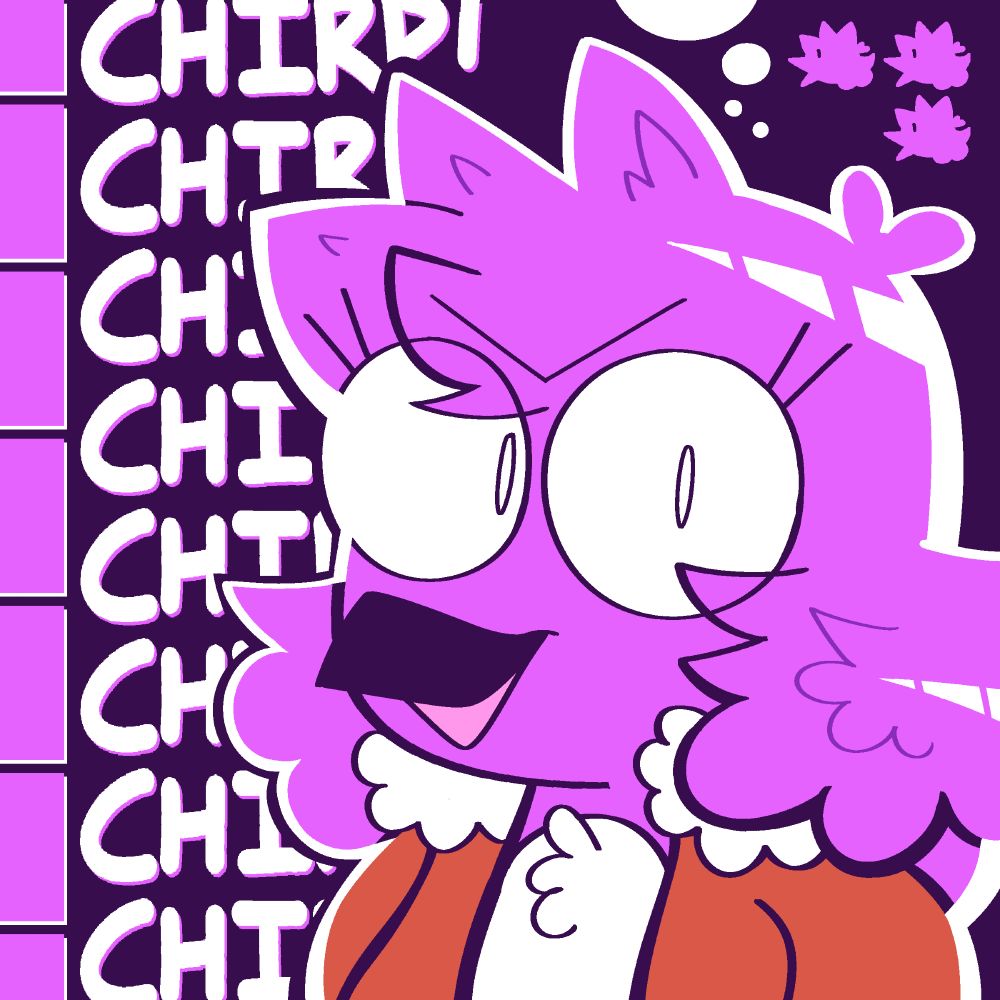 A purple bird named Callie looks at the viewer and chirps at them. The word chirp repeats in a vertical pattern behind them. Next to that on the left is another vertical pattern of purple rectangles. Three tylized-mini head shots of Callie appear above them on their right. Some white circles rest near the top of the piece. The background is a dark purple, the same color as Callie's lineart.