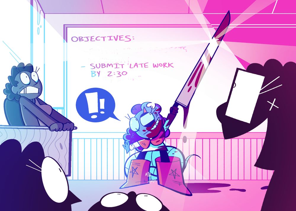 Standing in the center of the frame, Chilli, with a giant toothy grin, holds up her very long sword in front of her class. Both she and the sword are scarred and covered in blood. Chilli's teacher, Miss Ivy, grips her desk and lurches back in panic, while her students seem amazed by Chilli's cool new sword. They are represented by silhouette, including Chilli's friend Anna on the right.

The classroom has a blue/pink gradient. The classroom itself is pink, while a giant ray of window light coming from the left is very blue. The sword is very shiny, and light beams hit off of it and shine throughout the classroom.

The whiteboard behind Chilli reads, "OBJECTIVES: SUBMIT LATE WORK BY 2:30."