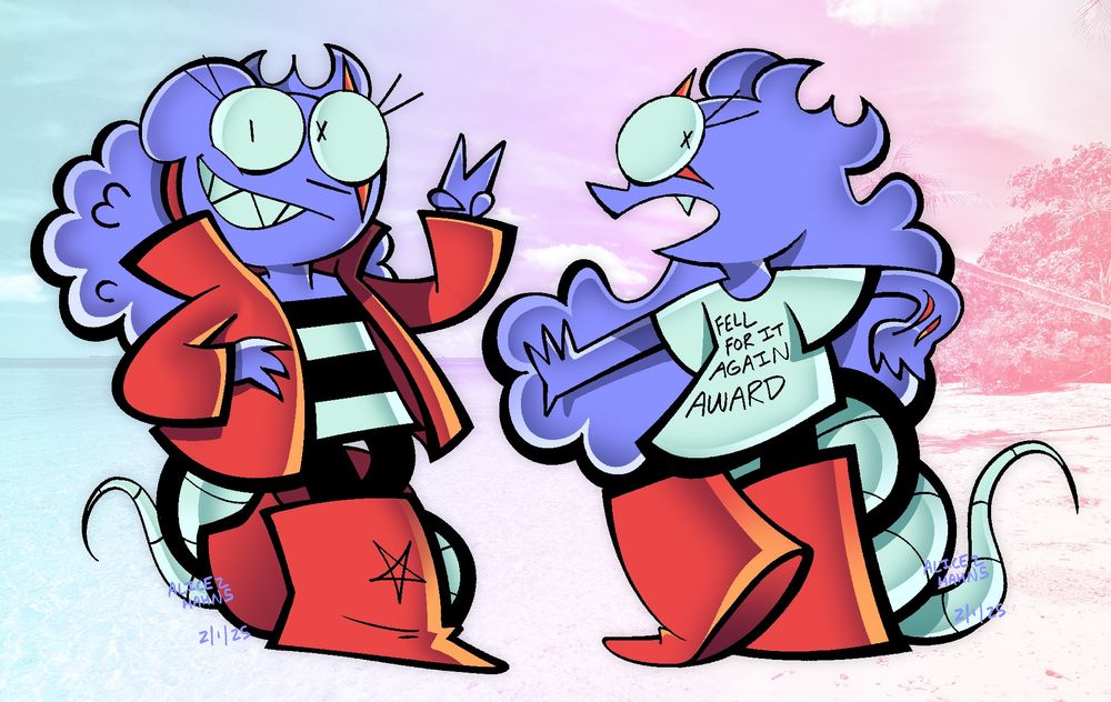 Left: Chilli, in her normal attire, holds up a peace sign with her left hand to the viewer, while cheekily grinning.

Right: Chilli, facing backwards, turns around to look at the viewer. She is wearing a plain t-shirt with black text that reads, "FELL FOR IT AGAIN AWARD."

The two Chillis are colored based off of Sonic Adventure character stock art, with use of white highlights and gradients. The background is a photo of a tropical beach, with a gradient that goes from blue (left) to red (right).