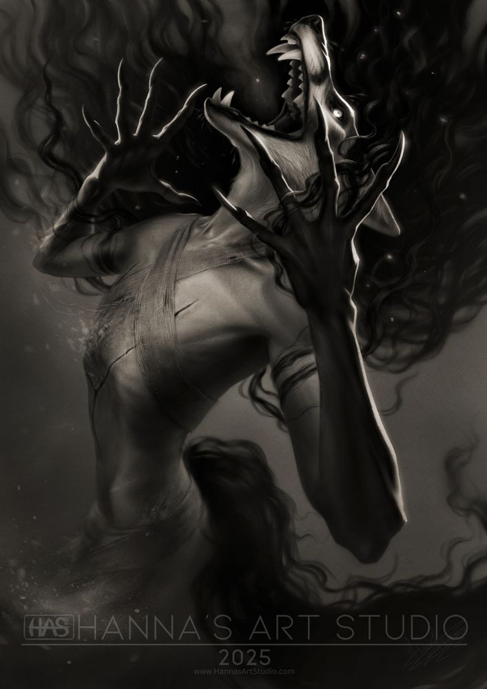black and white illustration of an anthro fox cryptid character