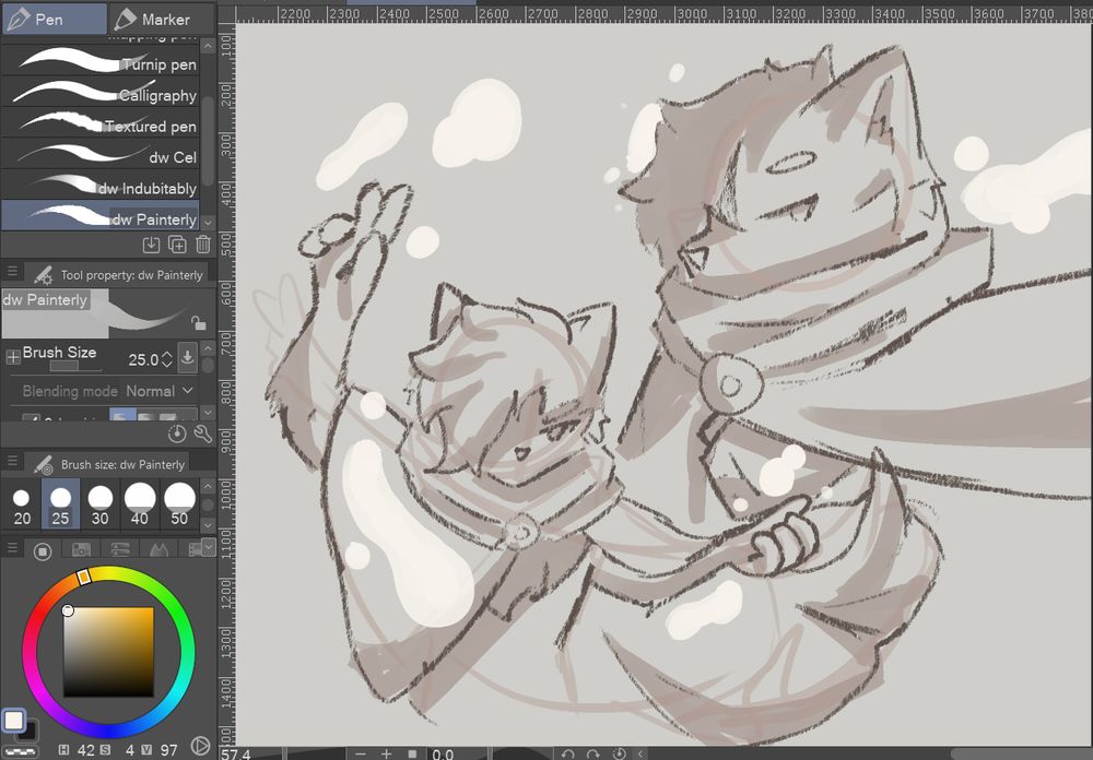 Screenshot of a sketch of Yara, depicting a dynamic pose with a flowing cloak and water floating around them