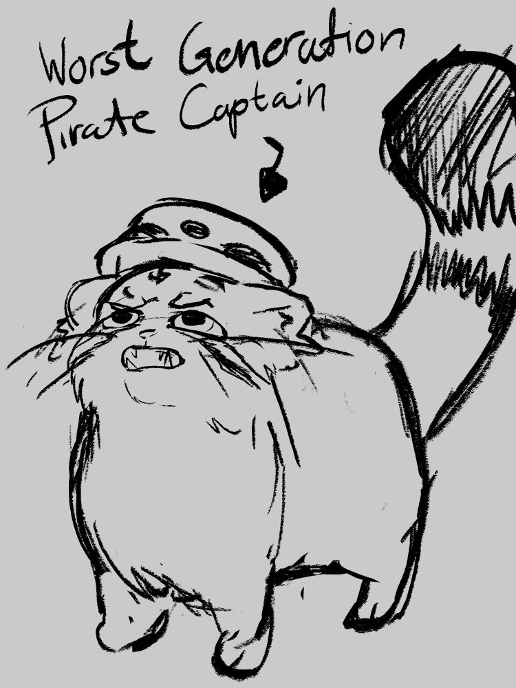 Trafalgar Law from One Piece if he were a manul cat. He has a fluffy round body, short stumpy legs, and is looking up in irritation with sharp and long teeth exposed as his mouth is open in indignation. He is wearing his signature hat.

There are the words “Worst Generation Pirate Captain” with an arrow pointing to him.
